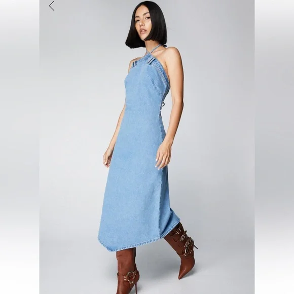 NWT Nasty gal Denim Tie Back Halter Midi Dress - Picture 1 of 9